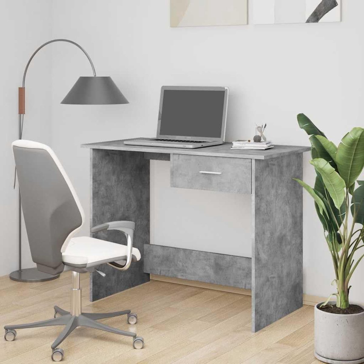 Bureau, betongrijs, 100 x 50 x 76 cm, met lade, computertafel van houtmateriaal, smalle werktafel voor kantoor, slaapzaal of hal, onderhoudsvriendelijk en robuust