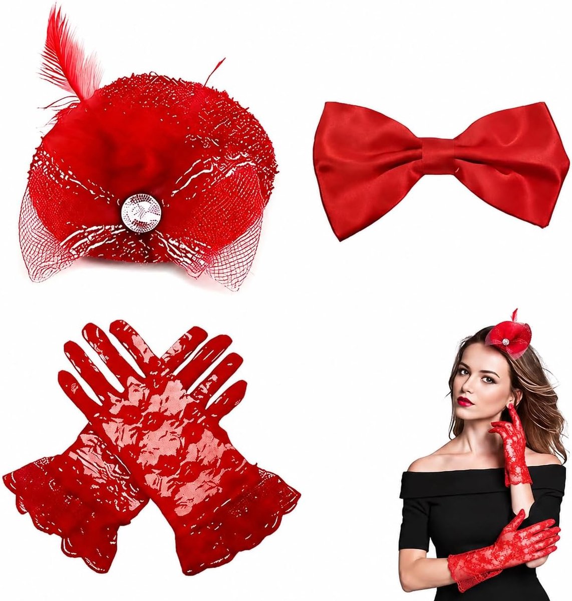 Carnaval Fascinator Haarband - Rood, Met Netwerk Handschoenen en Strik, Perfect voor Feesten en Speciale Gelegenheden
