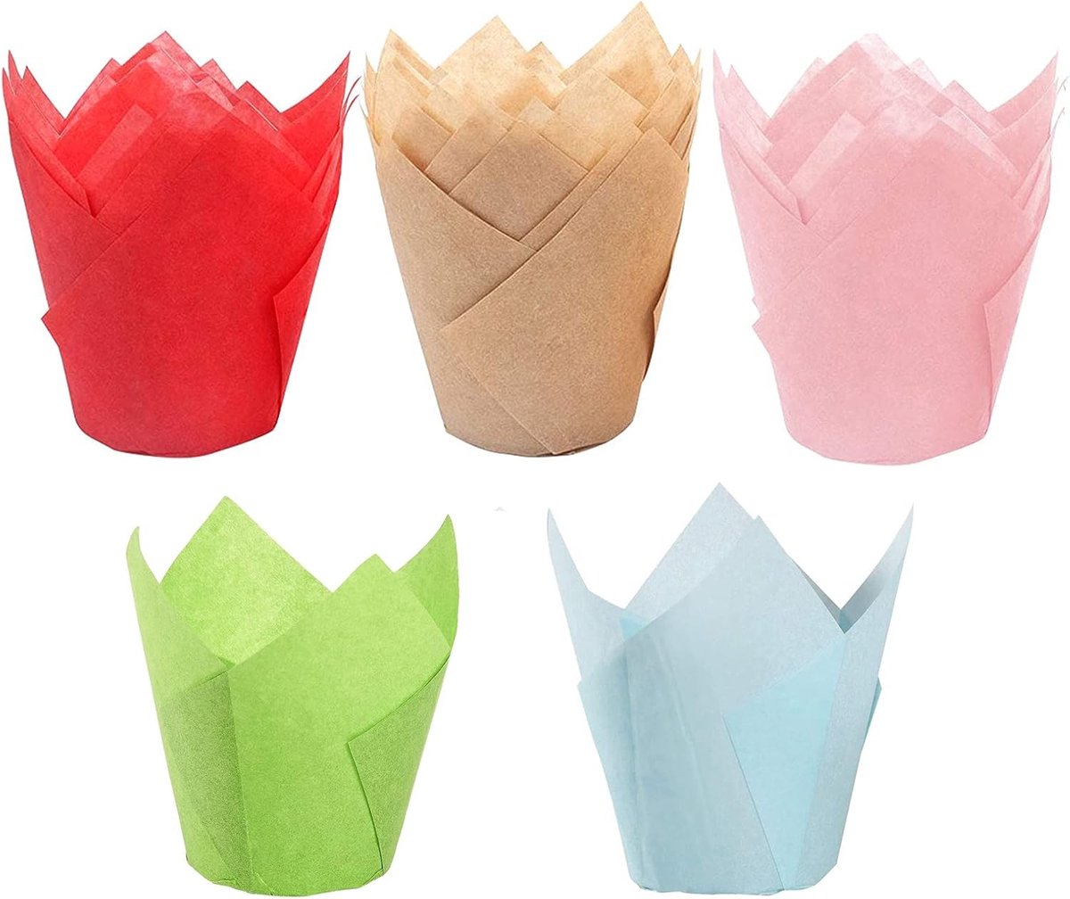 200 Stuks Tulp Papieren Bekers, Tulpvormige Muffinvormpjes, Tulp Cupcake Liners Bakvormpjes, Geschikt voor Doe-Het-Zelftaartliefhebbers, Gebruikt voor Het Zelf Bakken van Taarten(5 Stijlen)