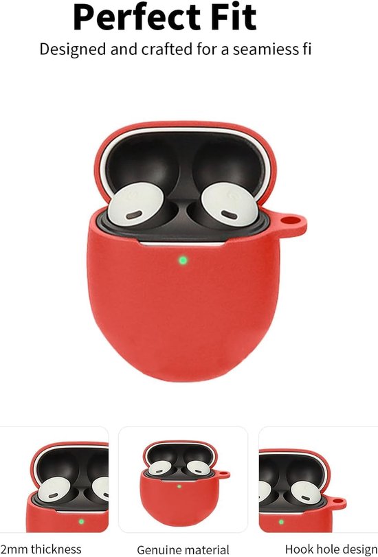 hoes voor Google Pixel Buds 2a oordopjes, schokbestendig, waterdicht, zacht en duurzaam, met koord, sleutelhanger en reinigingsgereedschap, rood — afbeelding 2
