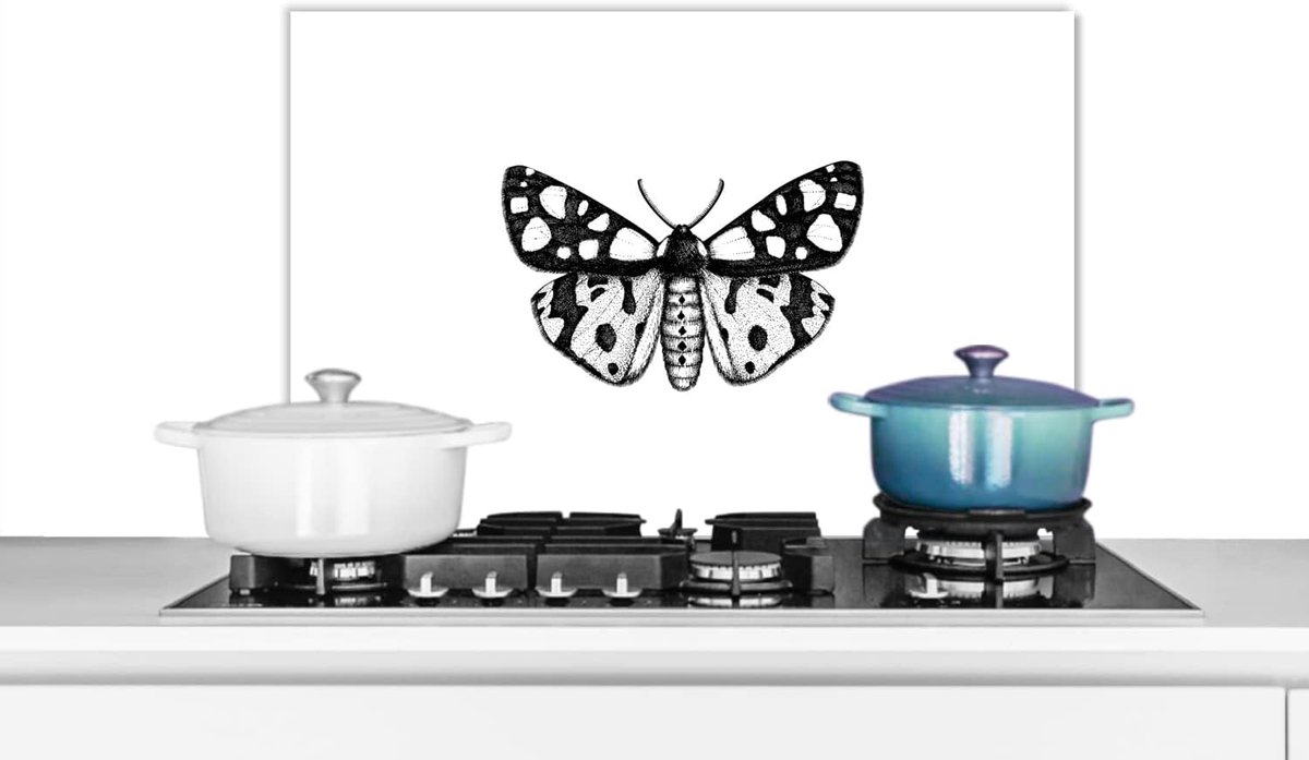 Spatscherm Keuken - 70x50 cm - Vlinder - Botanisch - Vintage - Zwart wit