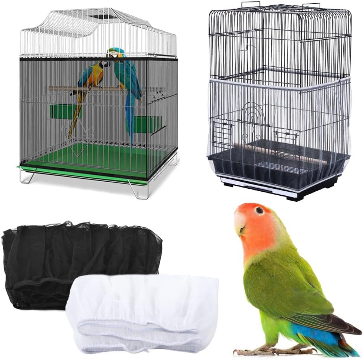 Vogelkooi-nethoes, 2 stuks, rekbare vogelkooihoes, zaadvanger, universele hoes, ventilerend, stofdicht, rok (wit + zwart)