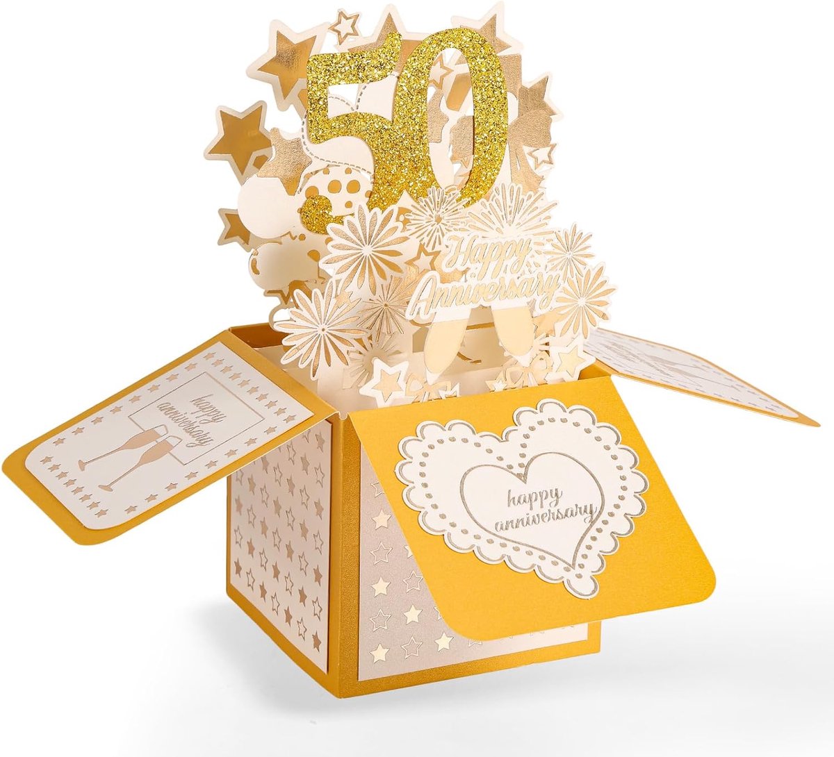 50ste Verjaardagskaart, 3D Goud Happy Anniversary Pop-Up Kaart met Envelop voor Vrouwen Mannen Vrouw Man Paren Ouders Hem Haar Huwelijkscadeau