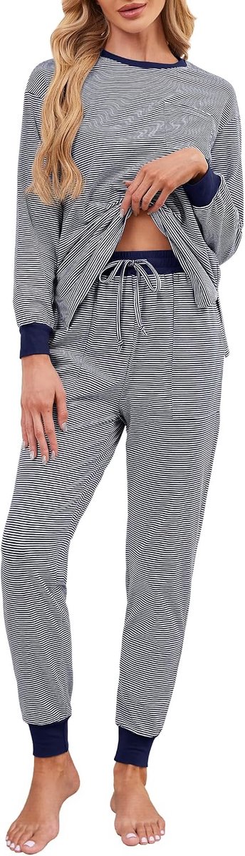 Pyjama dames lange katoenen tweedelige pyjama strepen nachtkleding met zakken
