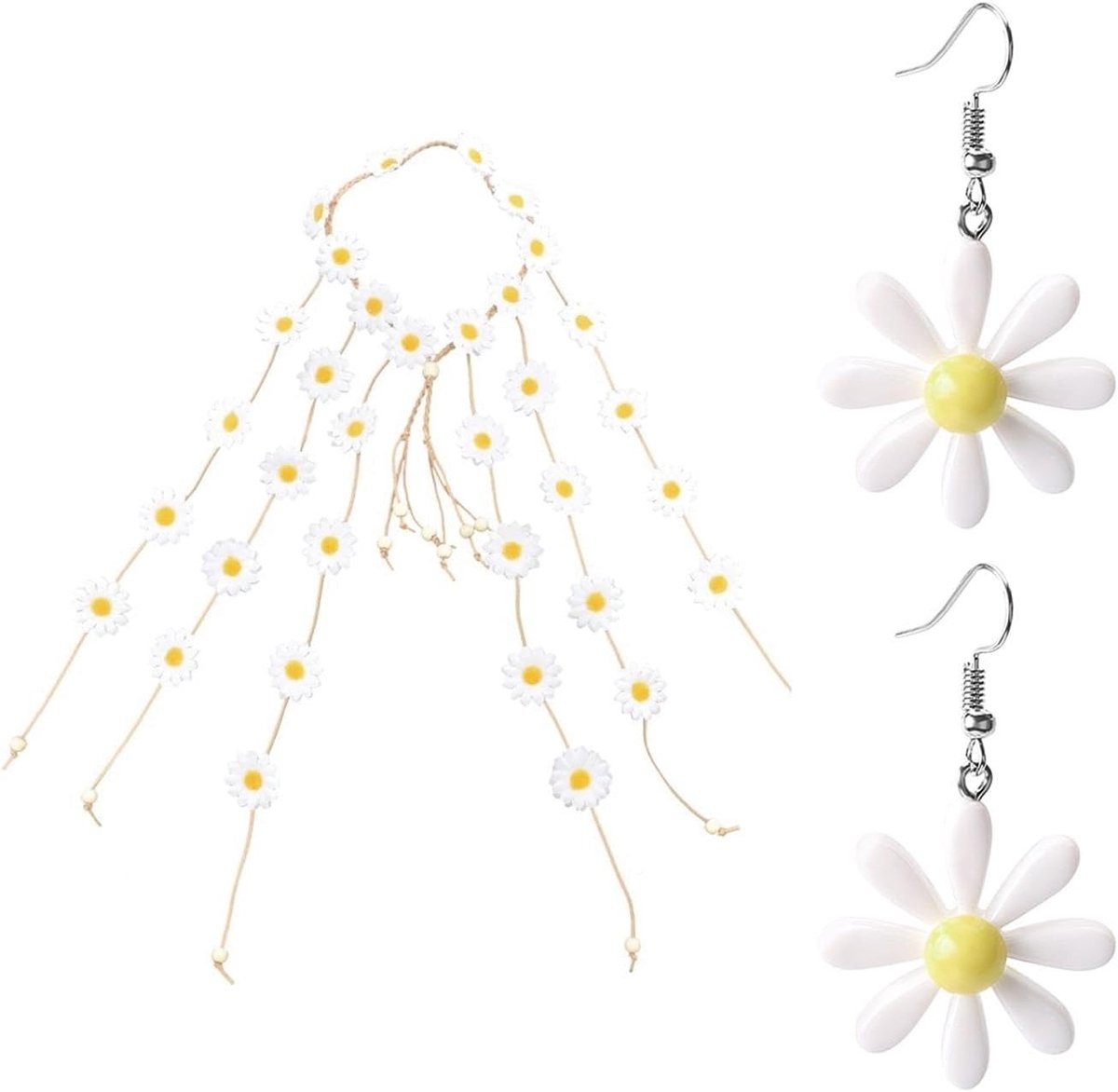1 Stuk Witte Ganzenbloei -Haaraccessoires, 1 Paar Witte Madeliefje -Oorharingen, Zomers Sunware Hoofdkap, Madeliefje -Perhired Naald, Bloem Roeren, Vrouwelijke Bloem -Crocheting Band