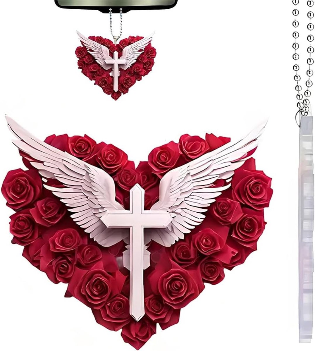 2 Pezzo Cosa Regalare Per Auto Nuova, Installazione Semplice Alta Qualità Durevole, Croce Pendente Per Specchietto Con Cuore, Rosa, Ali (Acrilico, 2 Pezzo)