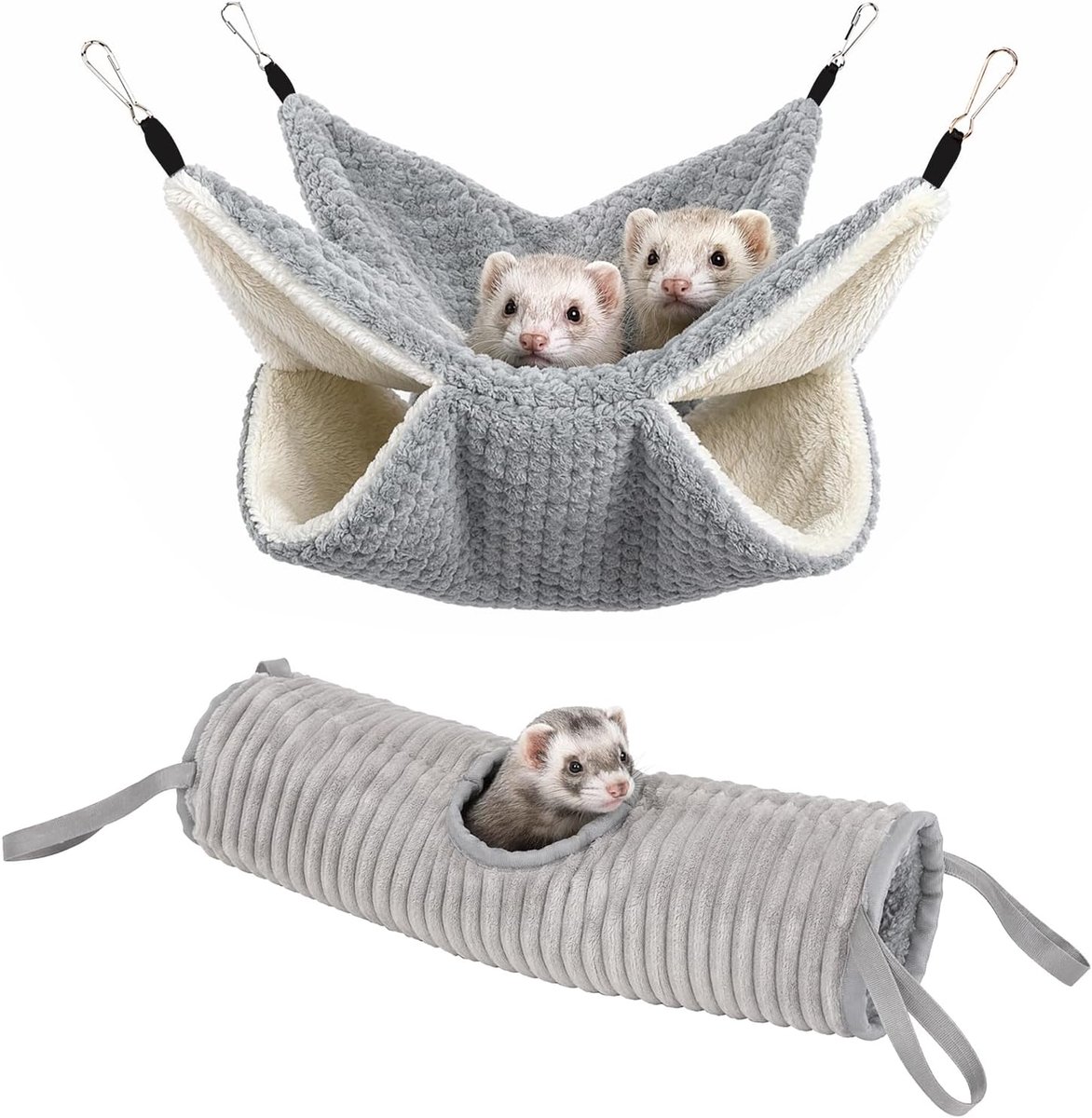 2 stuks grijze cavia's, hangmat, cavia-tunnel met metalen haken