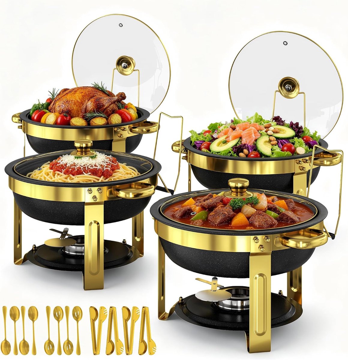 4 Ronde Chafing Dishes 5QT, Zwarte Maifanite Coating