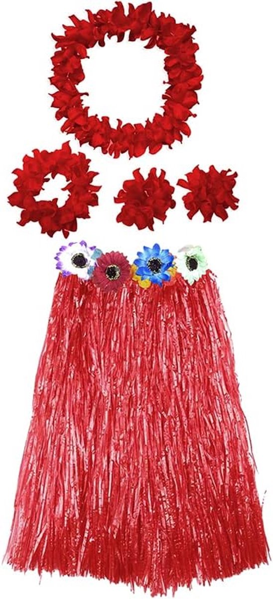 Kostuum voor dames, set met halsketting en Hawaïaanse armbanden voor kostuum, bloem, volwassenen, carnaval, Halloween, party, rok, 60 cm, rood