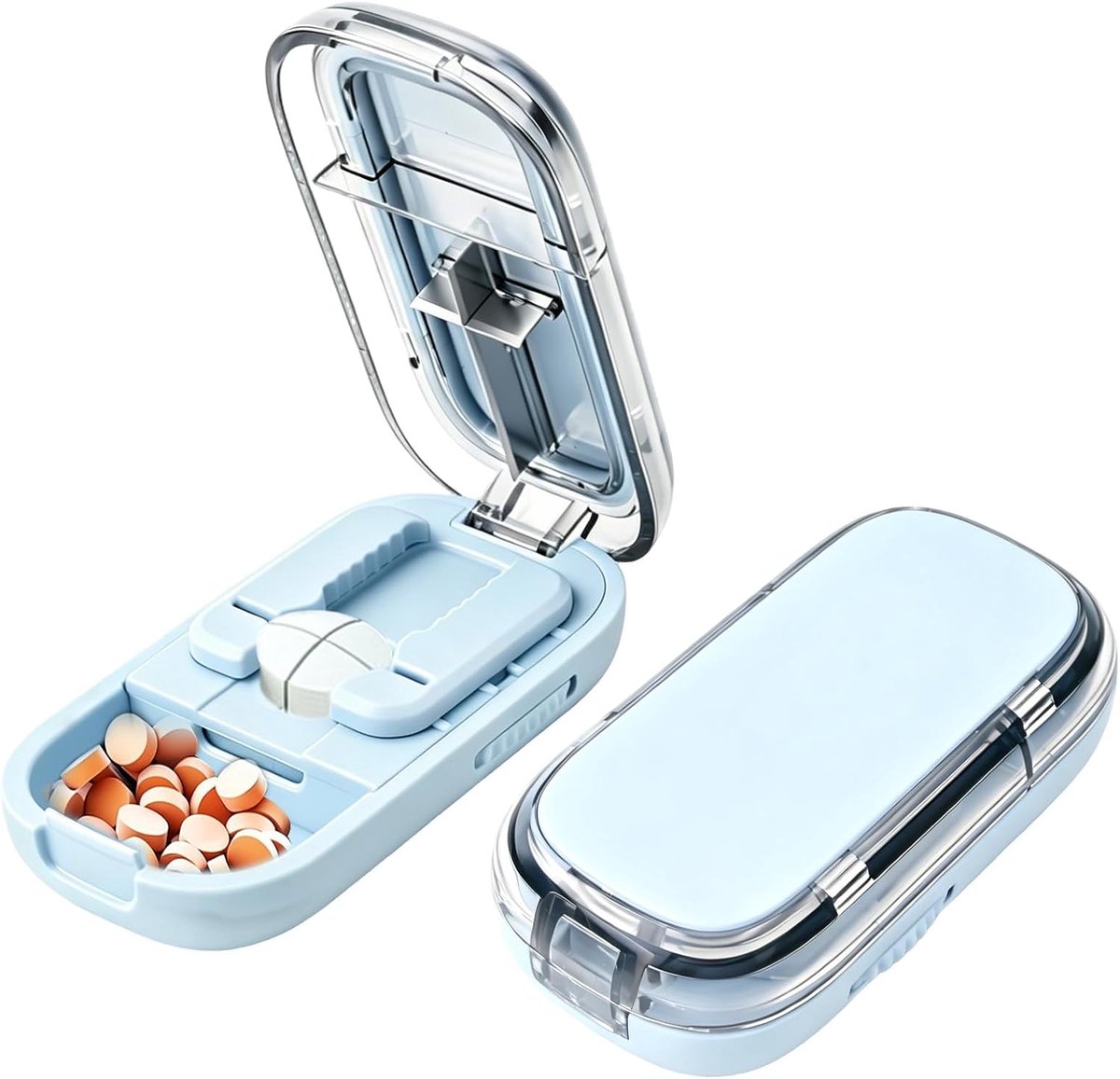 2-in-1 1/2 & 1/4 pillensnijder met opbergvak, pillenverdeler voor alle tabletten, pillensnijder voor reizen, huisdieren, dagelijks gebruik (blauw)