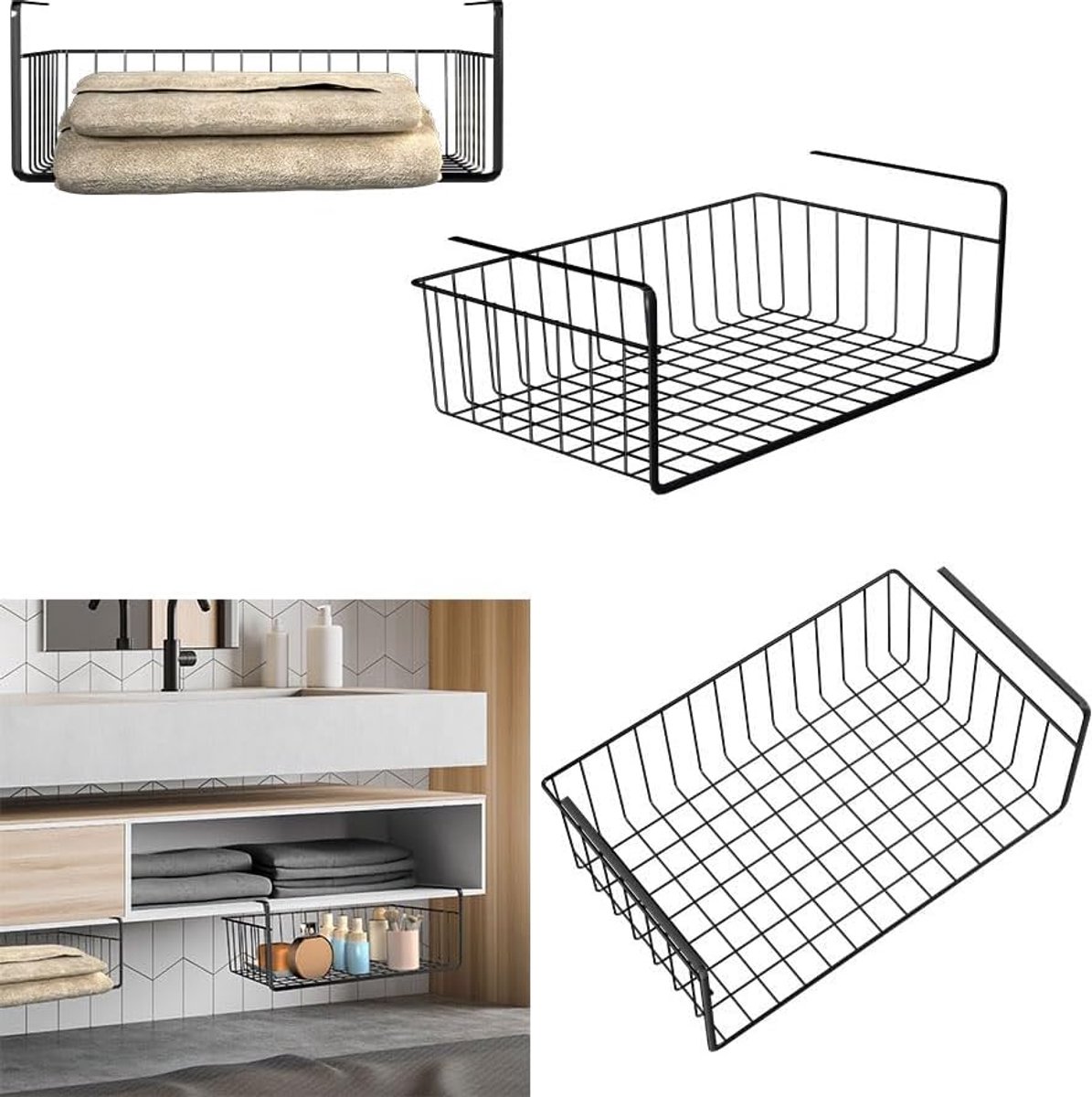 Set van 2 hangmanden voor onder de plank, kastorganizer van zwart metaal, montage zonder gereedschap, ideaal voor keuken, eetkamer, badkamer, kantoor, kast, open design