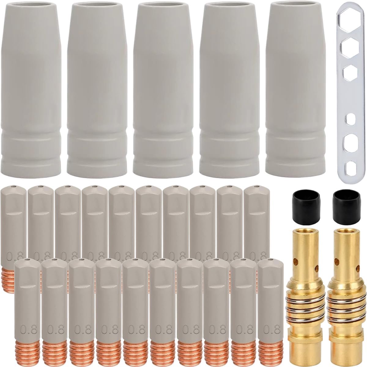 15AK MIG MAG Accessoiresset 20 x Contactpunt (0,030" 0,8 mm) 5 x Gasmondstuk 2 x Mondstukhouder Antiaanbaklaag beschermingsset Siliconen hoes Connector Lasbrander Verbruiksartikel