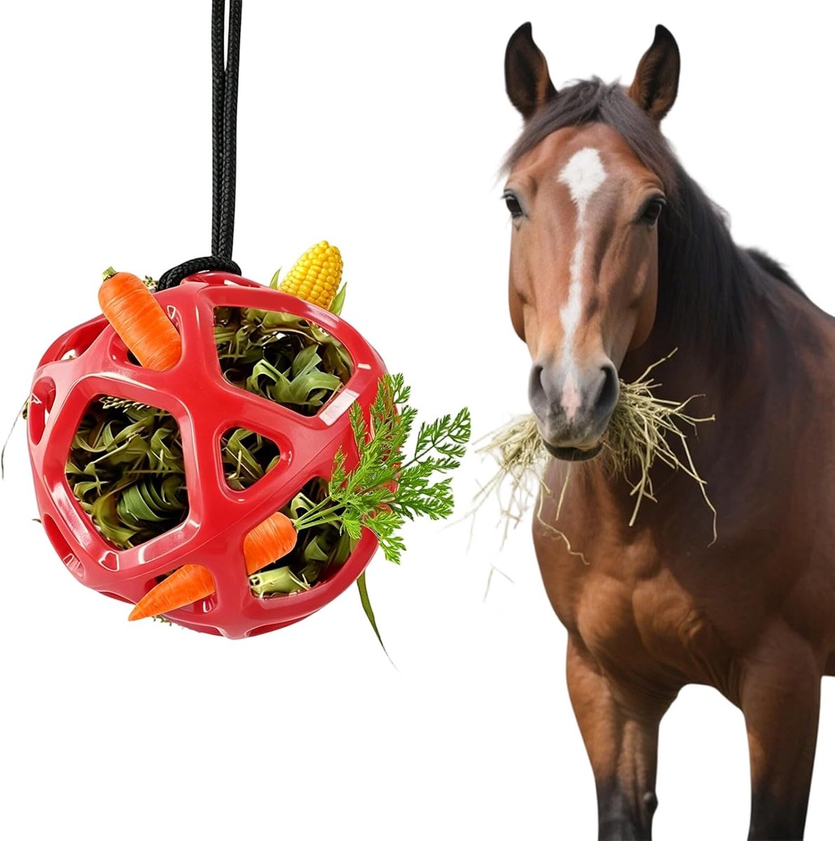Paard hangend, diameter 28 cm, groot formaat, slijtvast, niet gemakkelijk vervormbaar, hangende hooi om te voeden te vertragen, stress te verminderen, paarden en schapen en kan