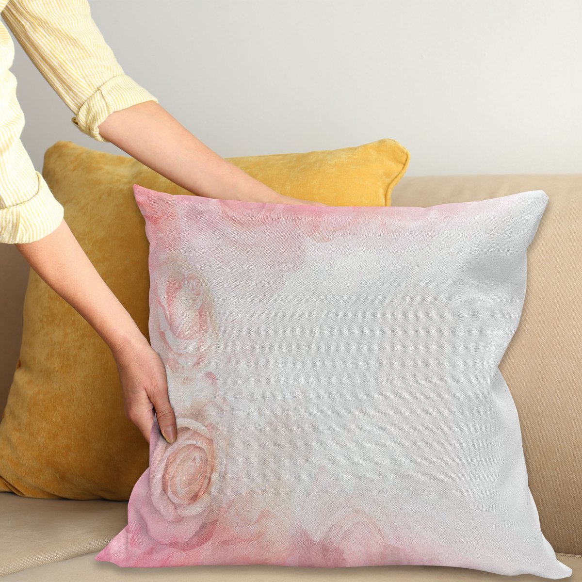 ABAKUHAUS Dusty Roos Sierkussenhoes, Fantasie Abstract Romantisch Framework Delicate Bloesems Retro Stijl Dreamlike, Decoratieve Vierkante Sierkussenhoes, 50 x 50 cm, Roze Wit