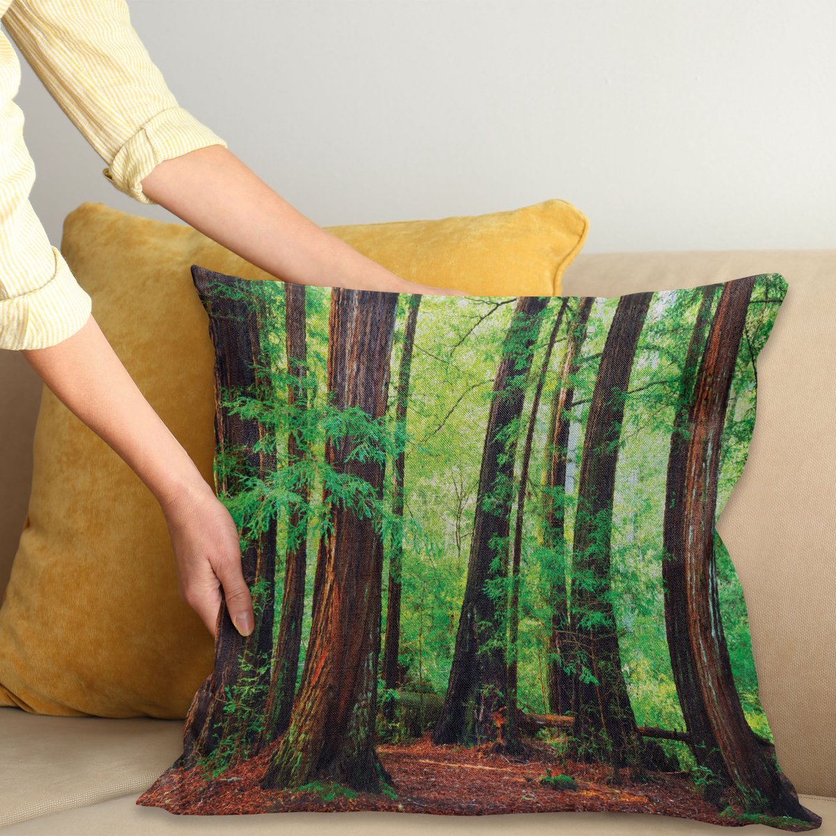 ABAKUHAUS Bos Sierkussenhoes, Redwood Bomen Northwest Regenwoud Tropisch Scenic Wild Natuur Lush Tak, Decoratieve Vierkante Sierkussenhoes, 50 x 50 cm, Bruin Groen