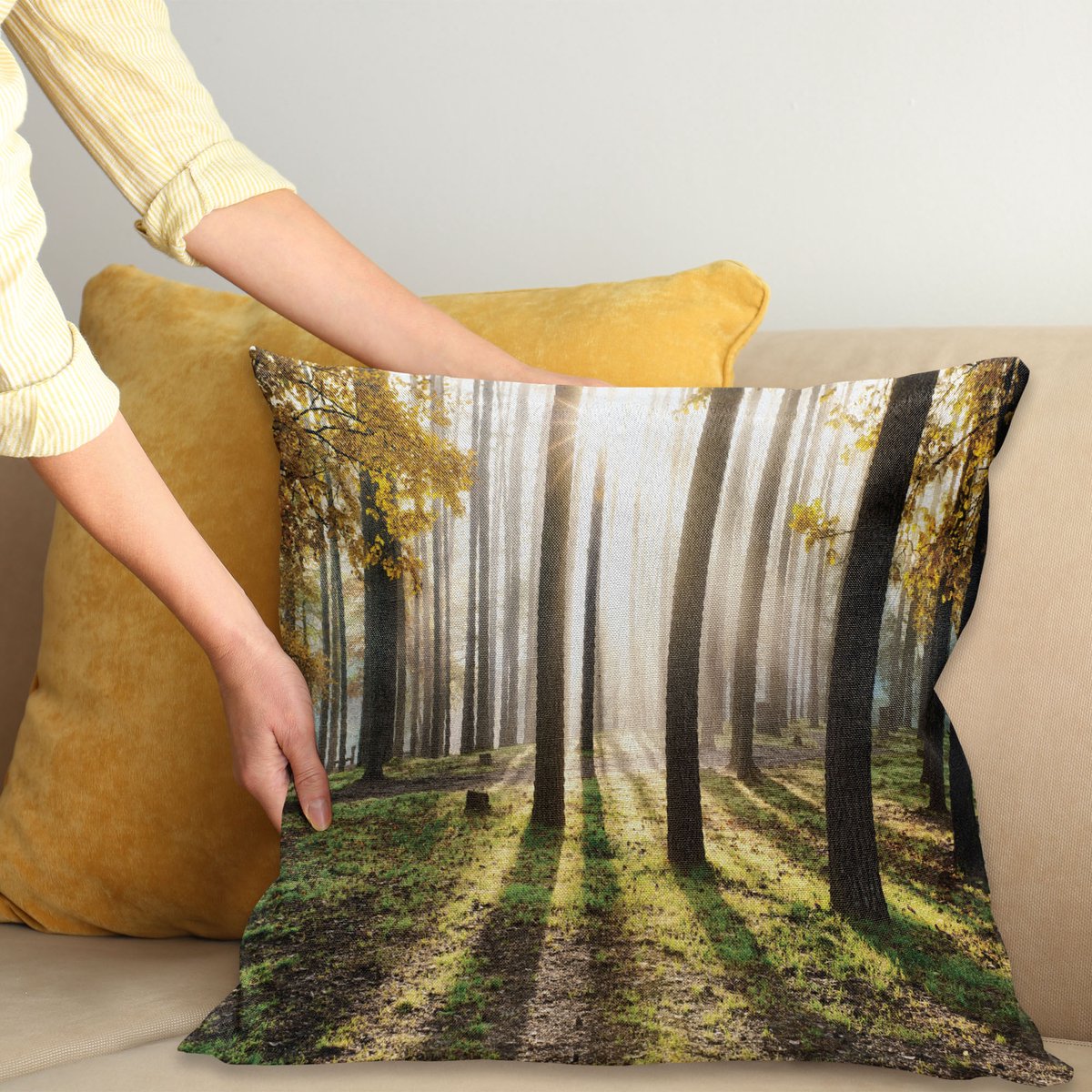 ABAKUHAUS Bos Sierkussenhoes, Landschap Sunrise in de Bos Bladeren in Seizoensgebonden Bos Landschap Photo, Decoratieve Vierkante Sierkussenhoes, 100 x 100 cm, Geel Groen