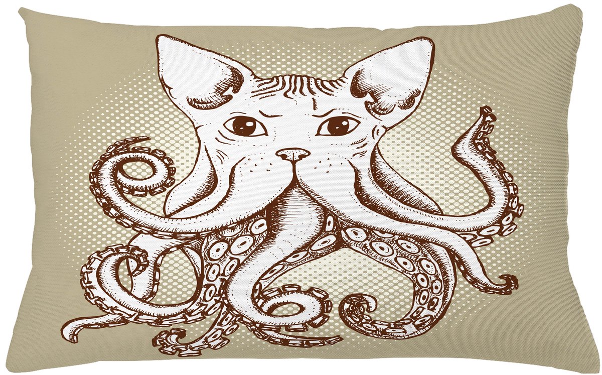 ABAKUHAUS Octopus Sierkussenhoes, Octopus met Kat Head Illustratie Vintage Stijl Cartoon Kat met Tentacles Print, Decoratieve Rechthoekige Sierkussenhoes, 65 x 40 cm, Grijs Wit