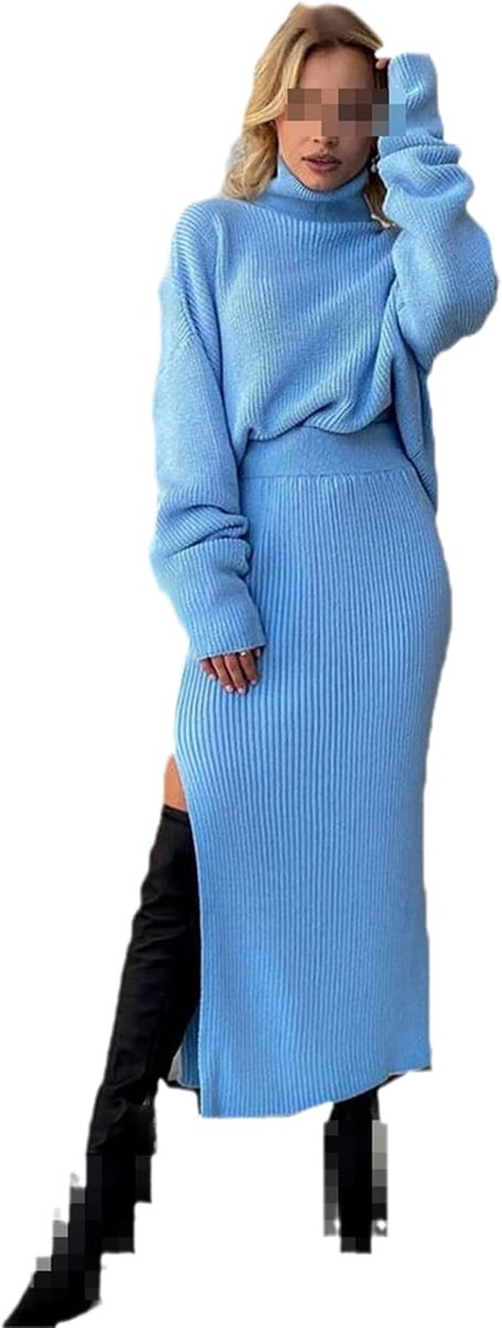 Rokken pakken gebreide coltrui losse trui + breien zijsplit rok 2-delige sets, Blauw, one size