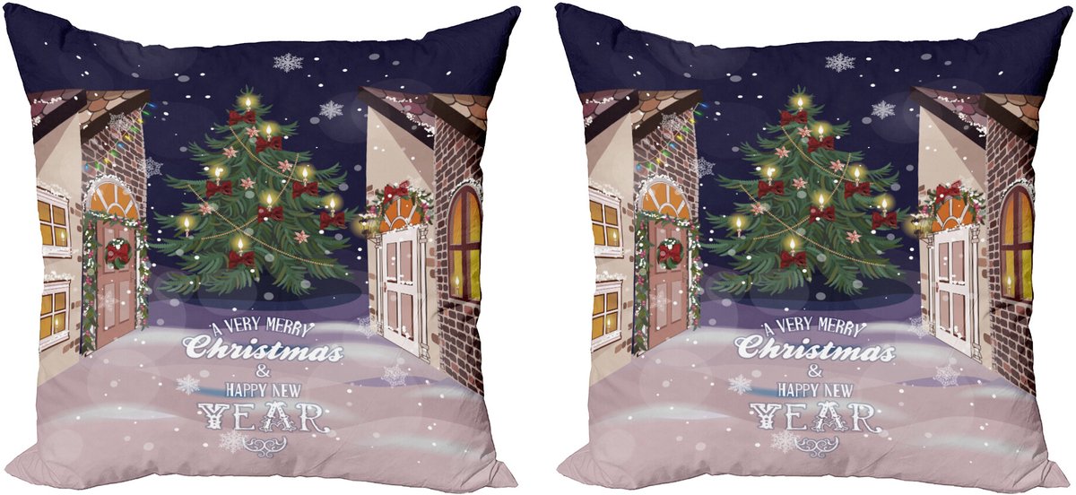ABAKUHAUS Kerstmis Sierkussenhoes Set van 2, Snowy Streets Carol, Modern Accent Dubbelzijdige Digitale Print, 50x50, Meerkleurig