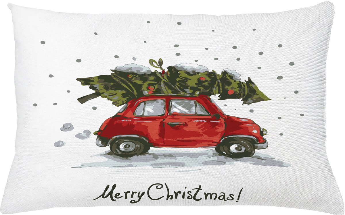 ABAKUHAUS Kerstmis Kussenhoes, Retro-Auto met Boom, Kussenhoezen met Dubbelzijdige Print Kleurecht Wasbaar en Ritssluiting, 65 x 40 cm, Groen Rood