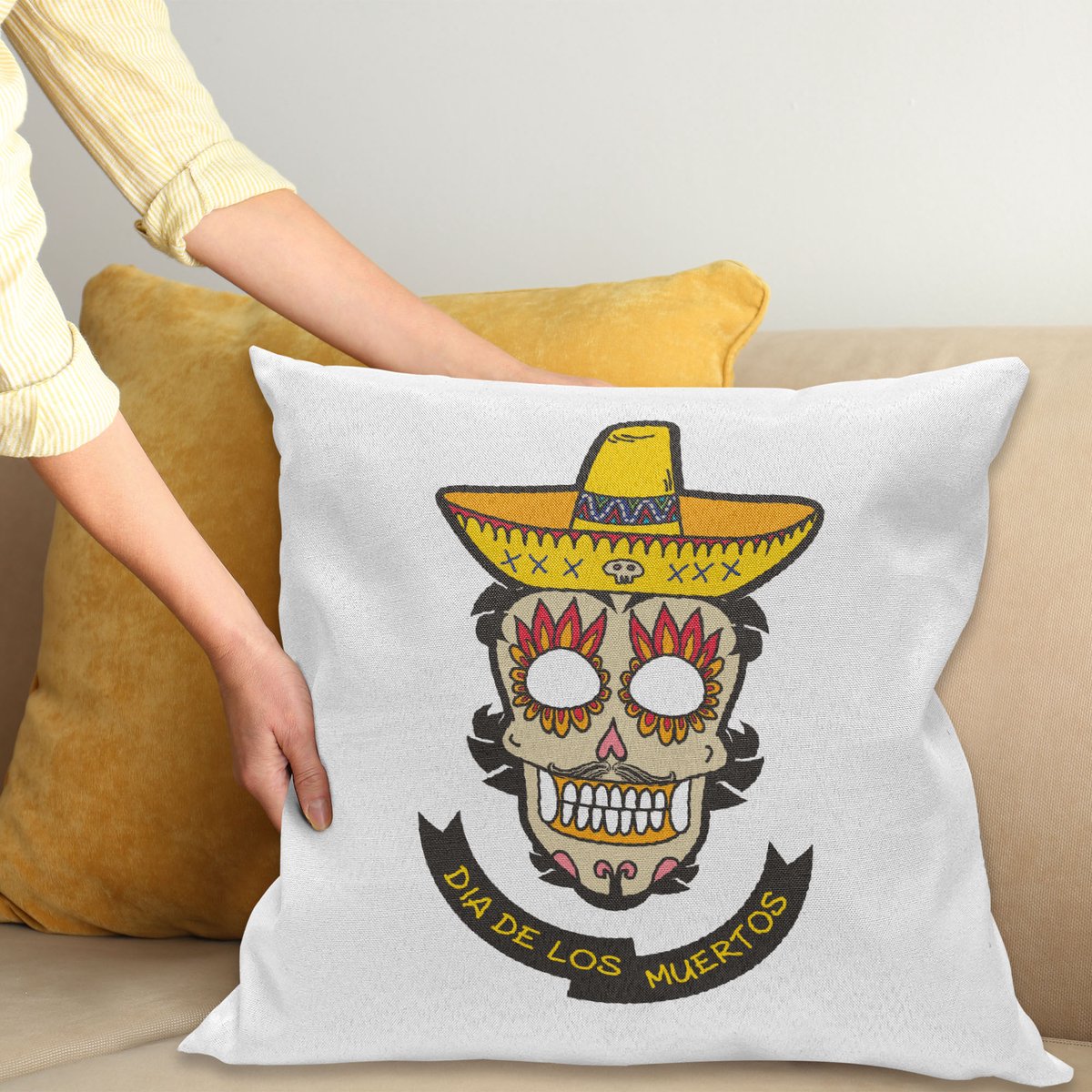 ABAKUHAUS Tag des Todes Kussenhoes, Schädel met Sombrero, voor de Binnen of Buiten Gebruik Geschikt met Ritssluiting Wasbare Stof, 45 x 45 cm, Wit Ivoor en Geel