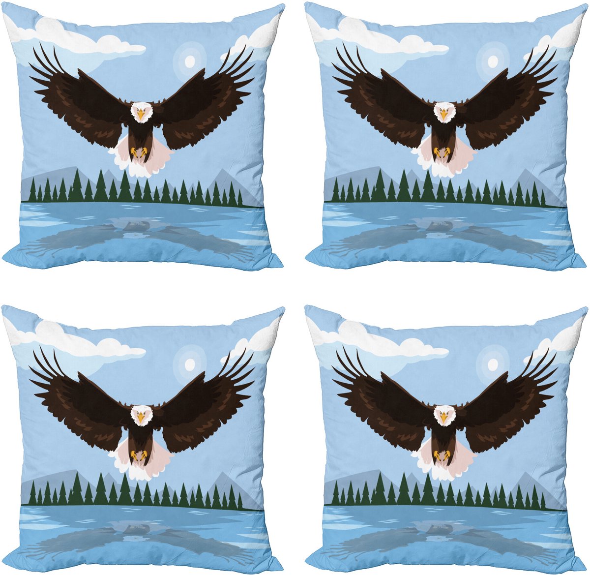 ABAKUHAUS Adler Sierkussen Kussenhoes 4er Set, Landschap Illustratie Kunst, Modern Accent Dubbelzijdige Digitale Print, 45 x 45 cm, Licht Lucht Blauw Donkerbruin