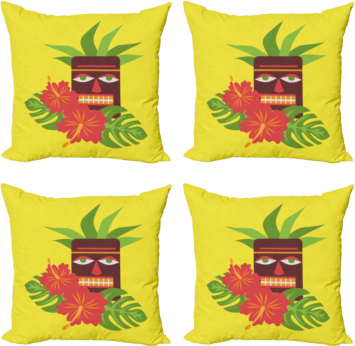 ABAKUHAUS Luau Sierkussen Kussenhoes 4er Set, Tiki Masken en Exotisch Hibiscus, Modern Accent Dubbelzijdige Digitale Print, 40 x 40 cm, Geel en Meerkleurig