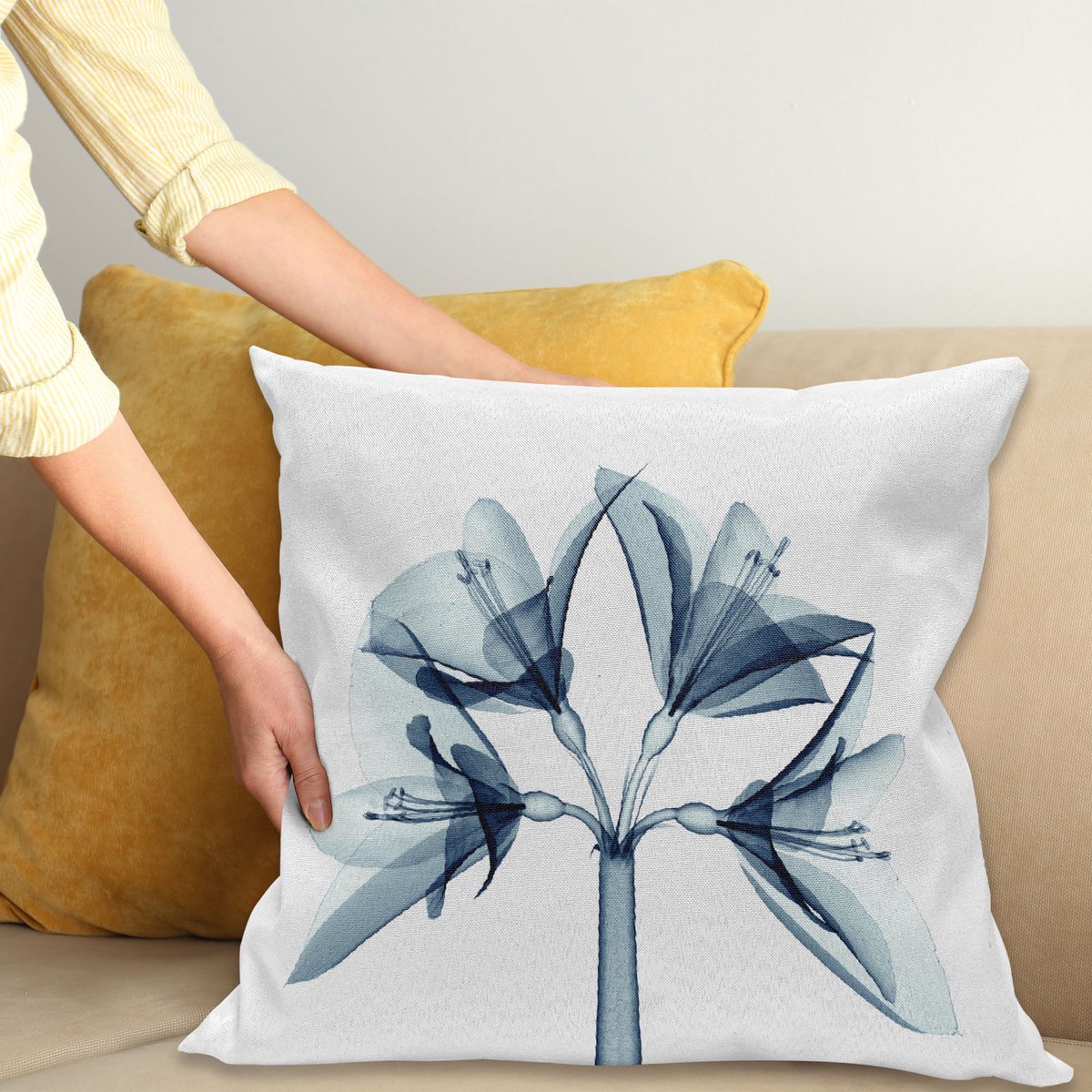ABAKUHAUS Bloemen Kussenhoes, Xray Amaryllis-Bloemen-Deko, Water- en Vuilafstotende Stof met Digitale Print voor Binnen en Buiten, 40 x 40 cm, Nachtblau Blauwgrijs