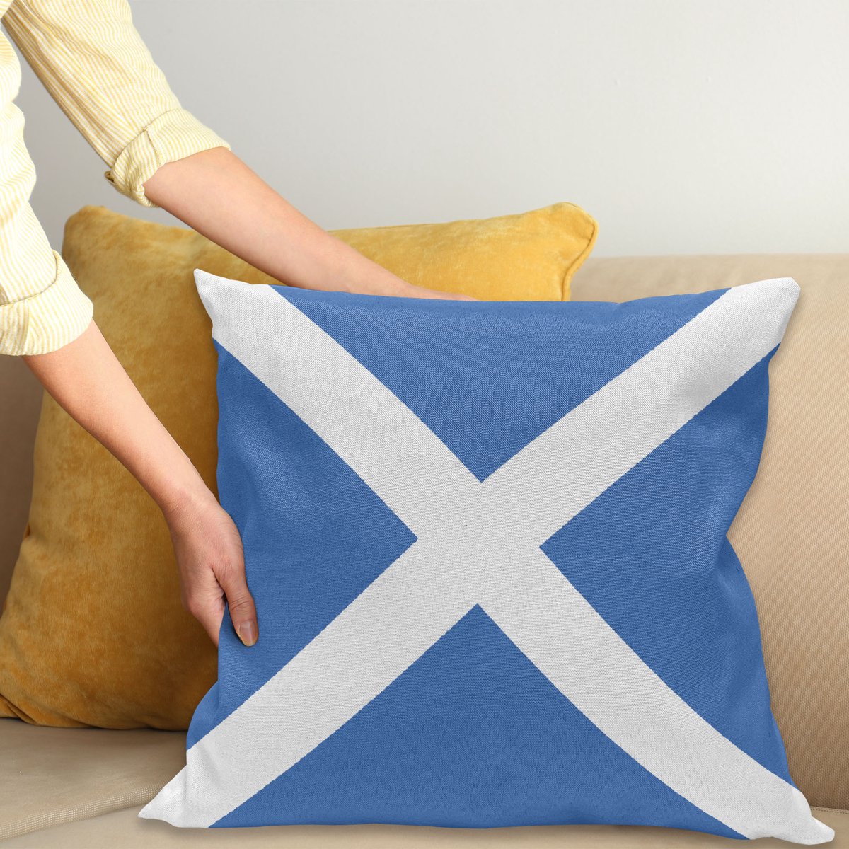 ABAKUHAUS Schottland Kussenhoes, Vlag Echt eine Nation Kunst, voor de Binnen of Buiten Gebruik Geschikt met Ritssluiting Wasbare Stof, 40 x 40 cm, Azur Blauw Wit
