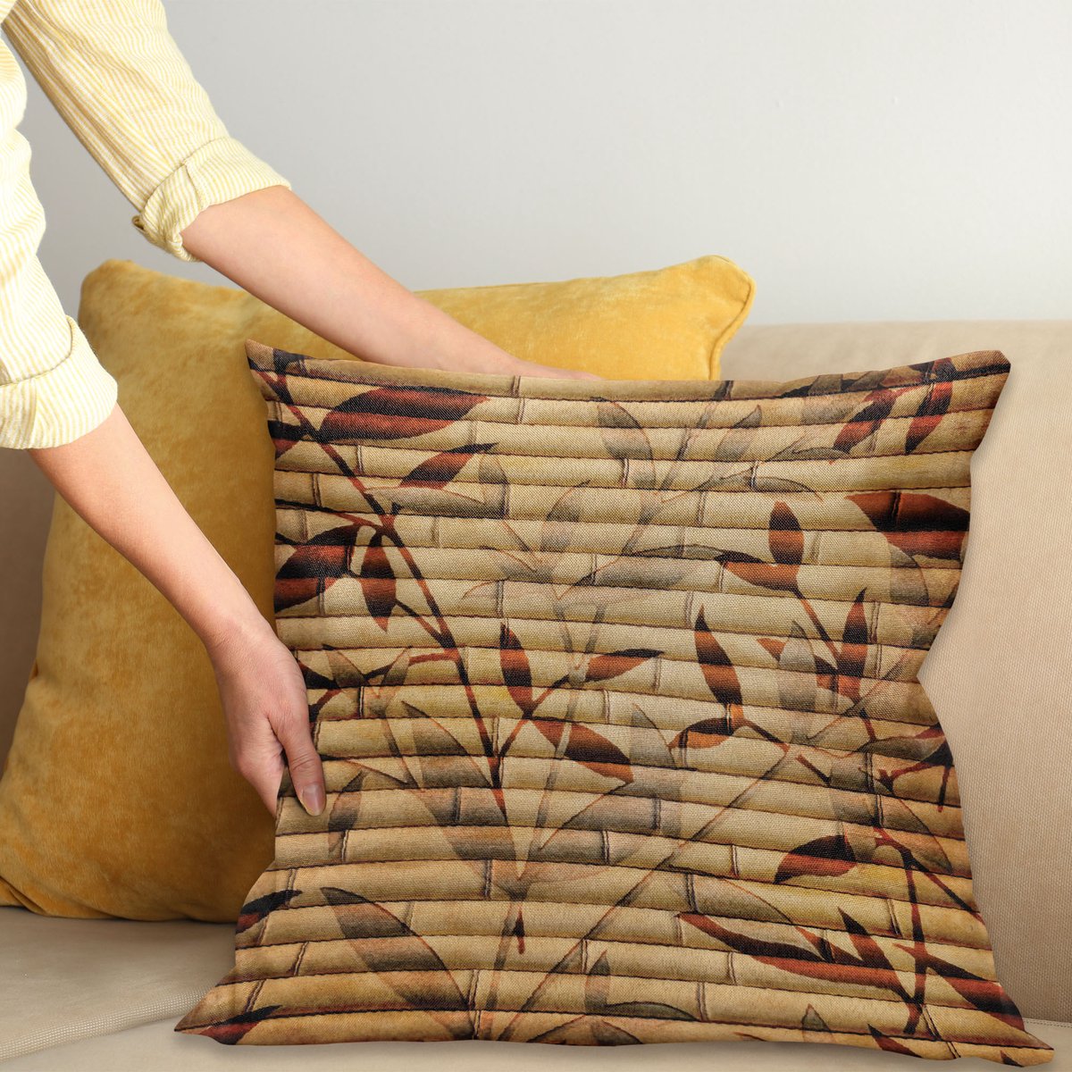 ABAKUHAUS Beige Kussenhoes, Bamboe-Bladeren Boheems, Van Kleurechte Wasbare Stof, Dubbelzijdige Print met Stevige Ritssluiting, 60 x 60 cm, Bruin Lichtbruin Beige
