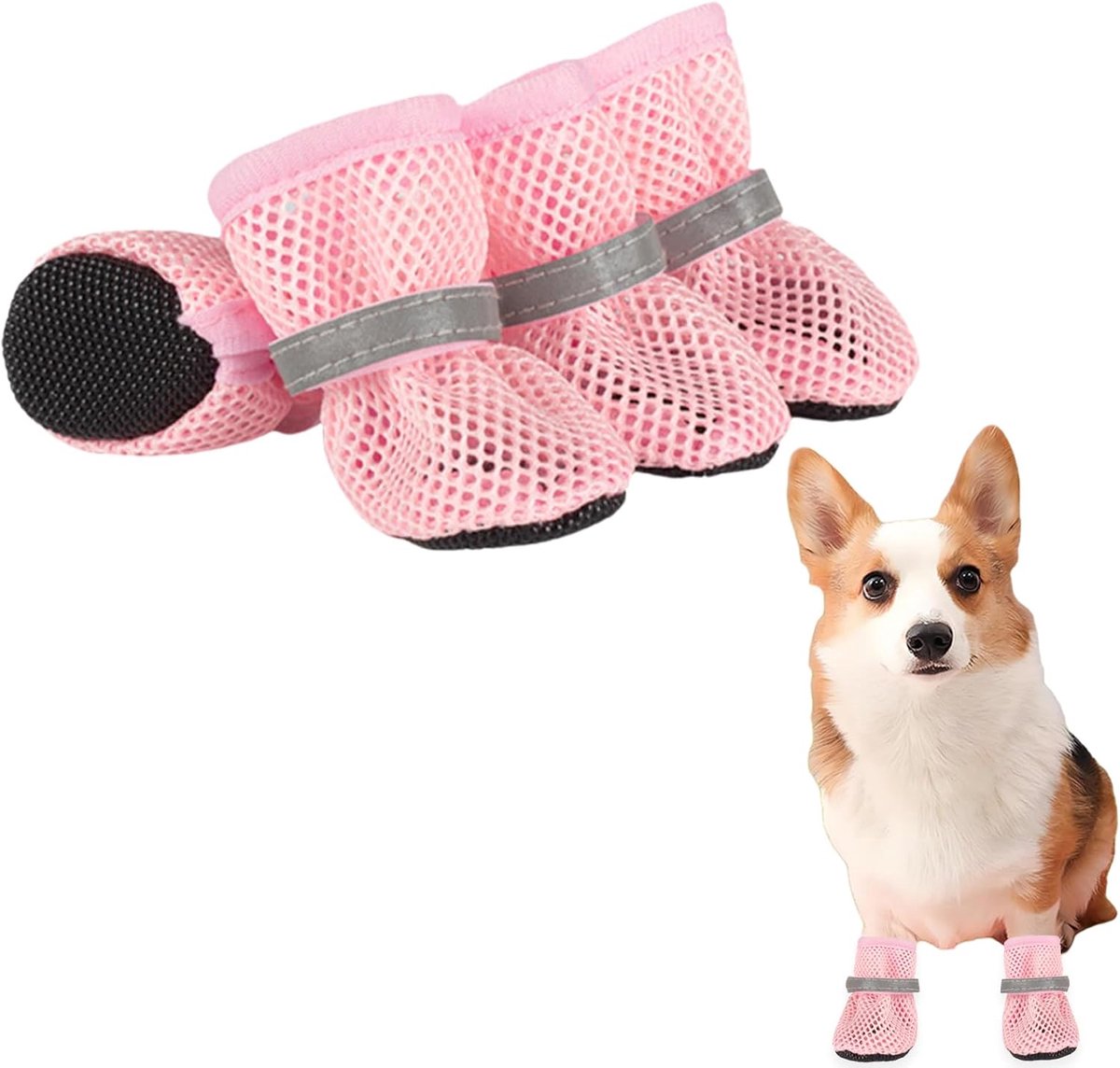 Schoenen met mesh, 4 stuks, ademende pootbescherming, hondenschoenen, antislip, hondenschoenen voor warme zomervloeren, zomer, verstelbare hondenlaarzen voor kleine honden (roze, XL)