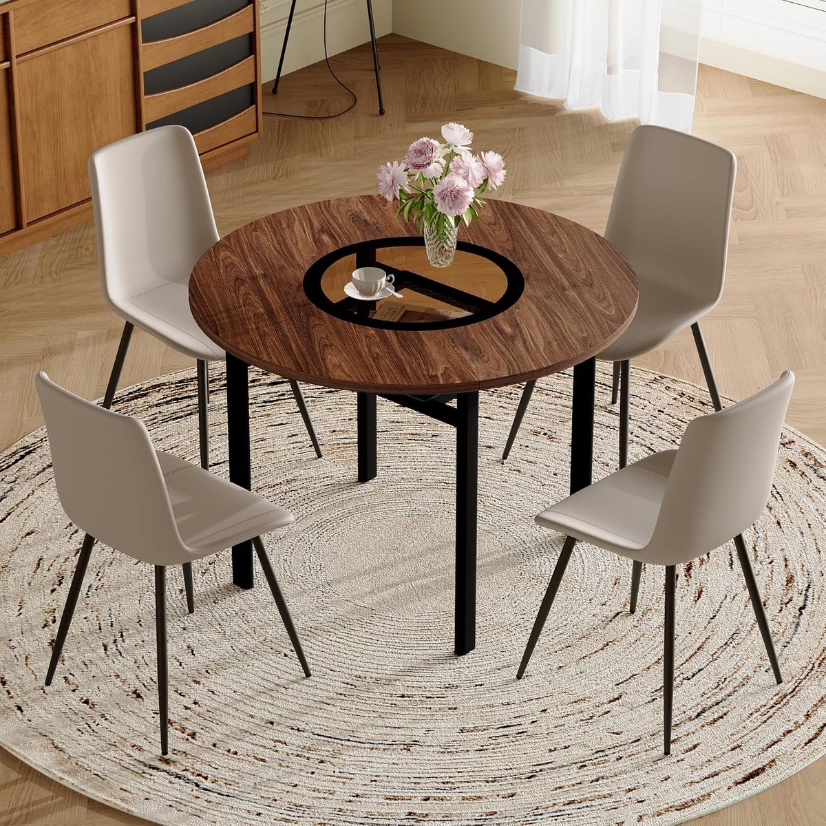 Eettafel set 4 stoelen, moderne eettafel Ø 100 cm met geïntegreerd opbergvak en glasdetails, eetgroep met fauteuils van warm grijs PU voor de eetkamer (bruin + grijs, 4 stoelen + 1