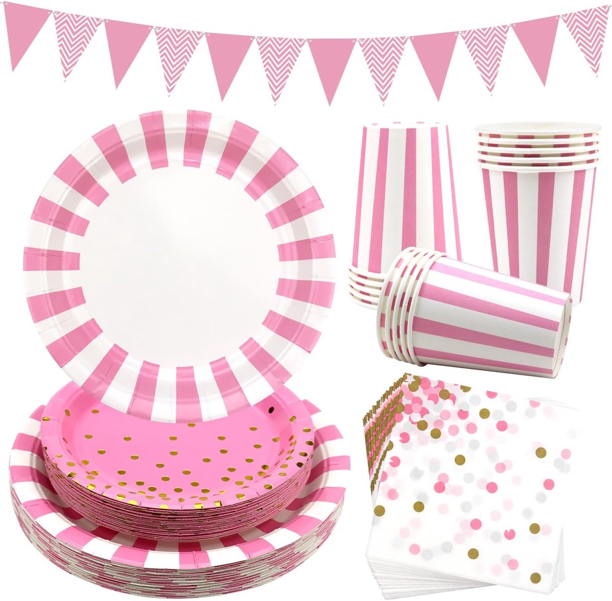 gestreept servies, feestaccessoires omvat borden, servetten, papieren bekers voor verjaardagsfeesten, afstudeerfeesten, bruiloften, babyshower (roze 24)