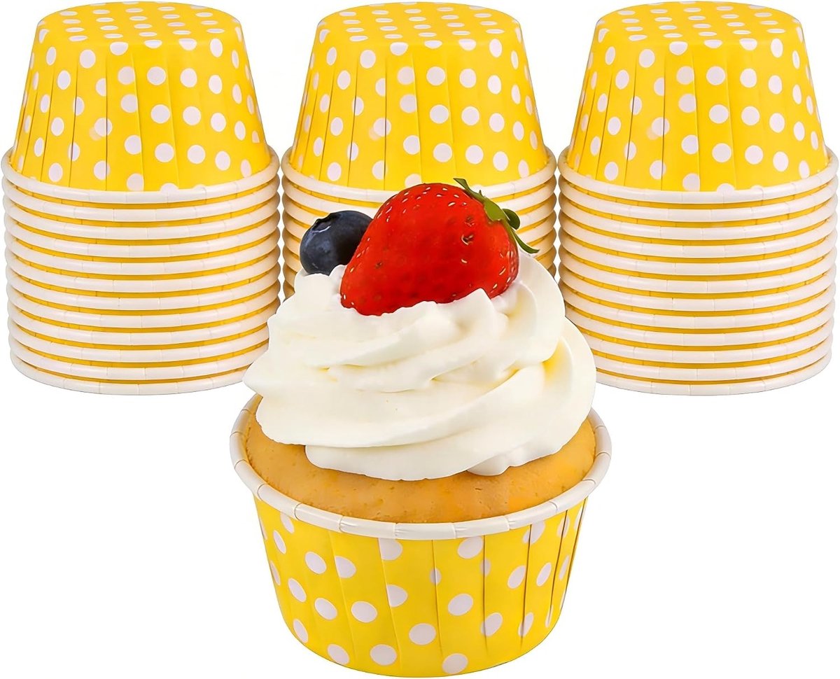 100 stuks mini-muffinvormpjes, geel, mini-cupcakevorm, 3 cm, anti-aanbaklaag, voor gebak, levensmiddelenkwaliteit voor traditionele oven, ideaal voor bruiloft, Kerstmis en feesten