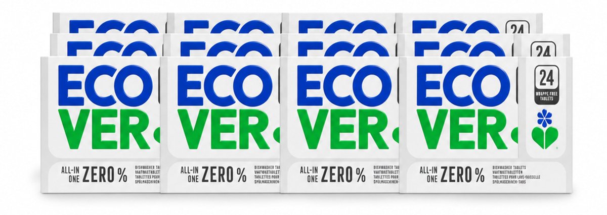 12 x Ecover - Vaatwastabletten All-in-One Zero% - 24 Tabs - Voordeelverpakking - 12 stuks