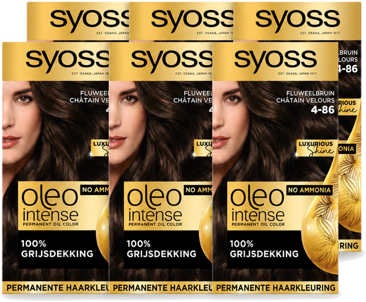 6 x SYOSS - Oleo Intense 4-86 - Haarverf - Permanente Haarkleuring - Fluweelbruin - Langdurige Kleur - Voordeelverpakking - 6 stuks