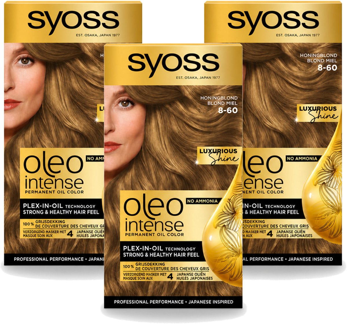 3 x SYOSS - Oleo Intense 8-60 Honing Blond - Haarverf - Zonder Ammoniak - Grijsdekking - Langdurige Kleur - Voordeelverpakking - 3 stuks