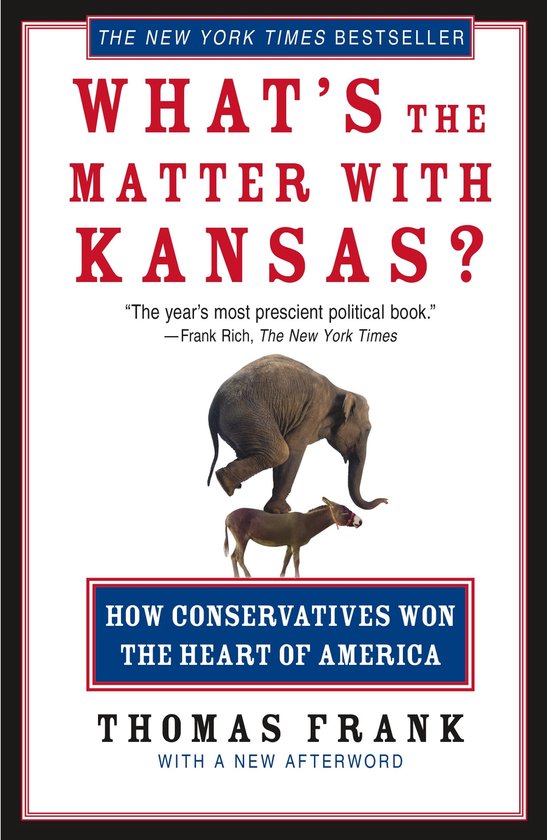 Couverture du livre "What's the Matter with Kansas?", avec un éléphant sur un âne, Thomas Frank.