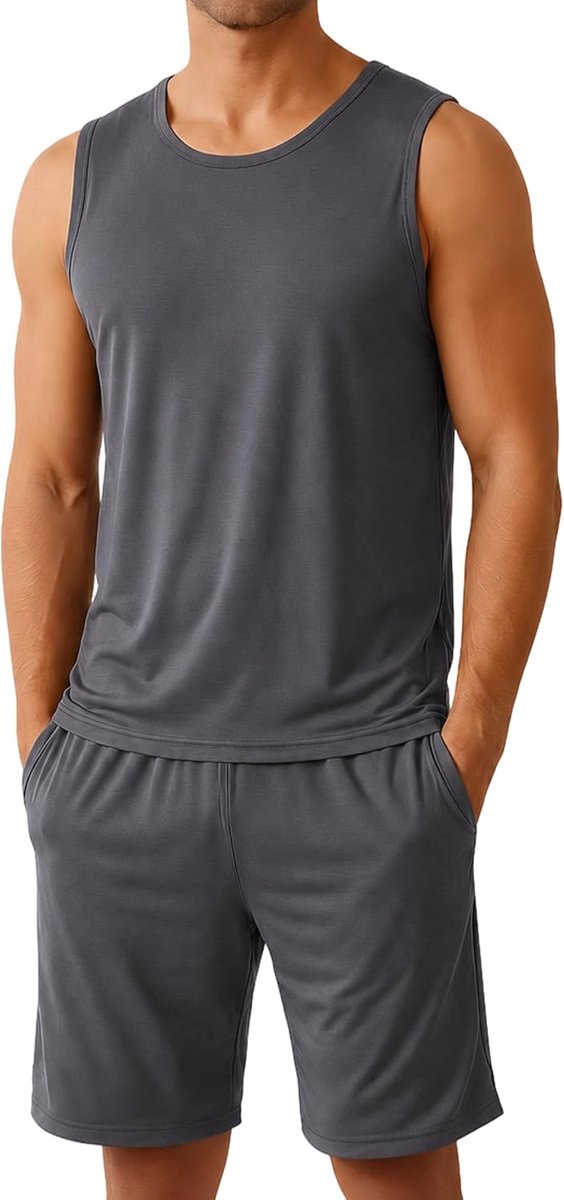 Pyjamaset voor heren, mouwloos, zachte tanktop met zakken, loungewear, effen kleur, nachtkleding