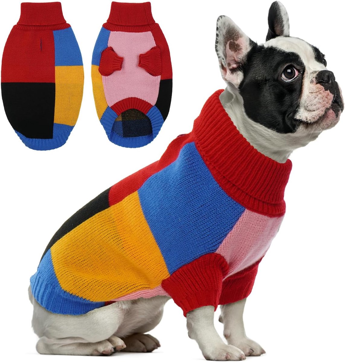 Hondentrui Met Rolkraag Voor Middelgrote Honden - Kleurblokkering, Met Benen en Tuiggat, Voor Franse Buldog, Rood, Maat M