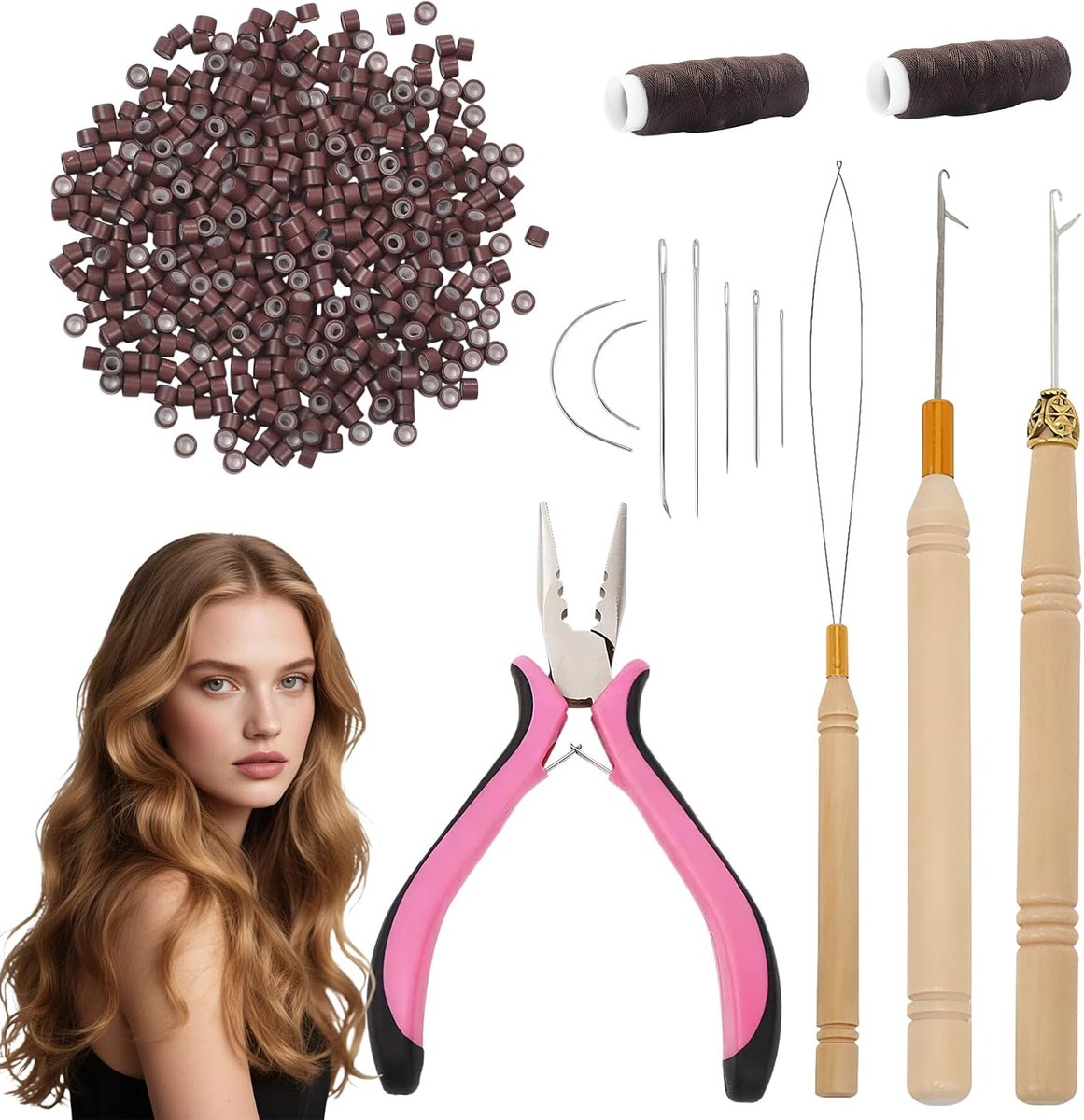 513 Stück Microring Extensions Echthaar Set, Tressen Zubehör Set, Enthalten 500 Nanoringe mit Silikon, 1 Haarverlängerungszange, 3 Häkelnadeln, 2 Rollen Nähgarn, 7 Nadeln (Braun)