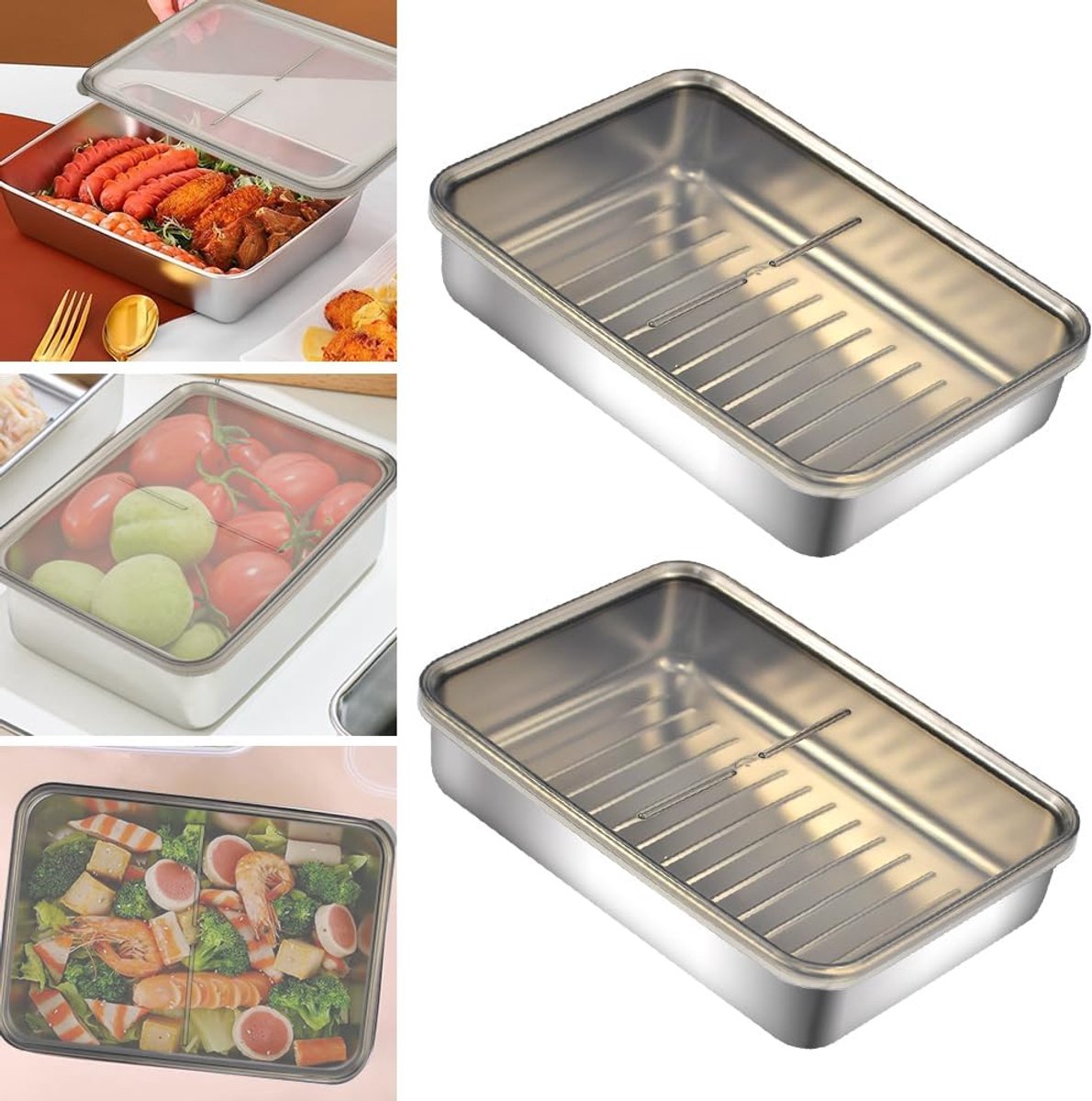 2 luchtdichte vershouddozen van roestvrij staal met deksel, 800 ml, fruitcontainer, worstcontainer, koelkast, voedselcontainer voor vriezer, rechthoekige lunchbox