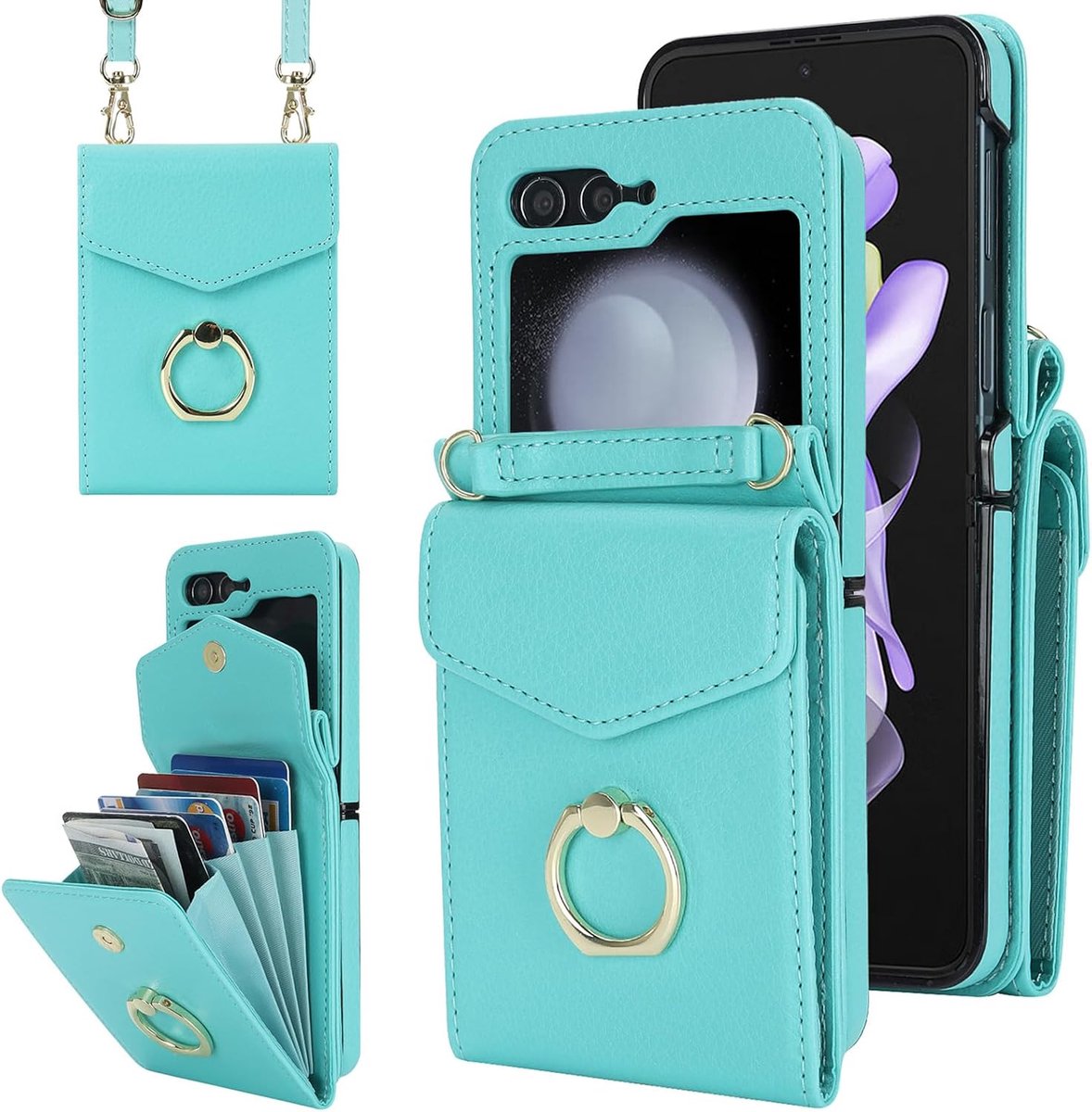 Telefoonhoesje met koord voor Samsung Galaxy Z Flip 7 FE/Flip 6 5G, portemonnee, PU-leren case met kaartenvak, portefeuille met 360° ringstandaard, klaphoes, magneetsluiting, mintgroen