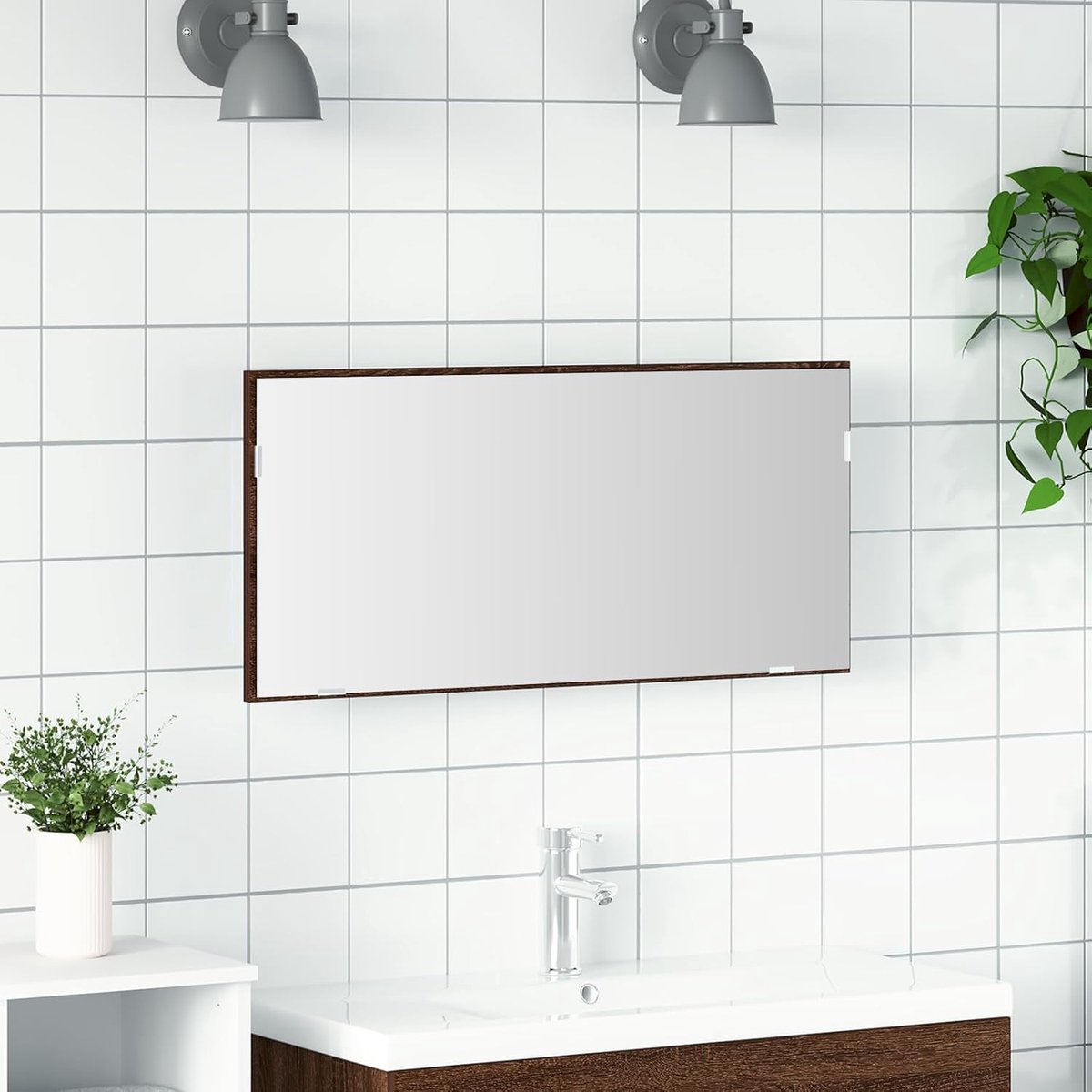 Spiegelkast met ledverlichting, in bruin eiken, 80 x 37 cm, badkamerkast met gehard spiegelglas en ruimtebesparende opbergruimte, hoogwaardig