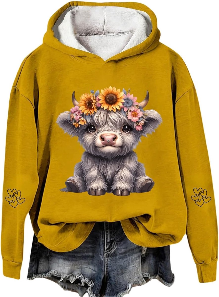 Hoodie met koeienprint, grafische western, feestelijke trui voor comfortabel fleece sweatshirt, vakantiethema top