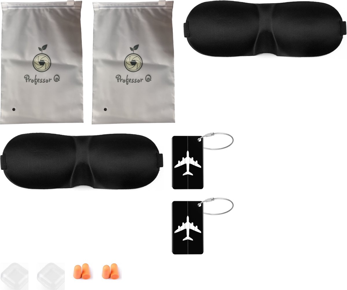 Professor Q Reisset Duo - 2 Aluminium Kofferlabel Zwart - 2 Slaapmasker Zwart