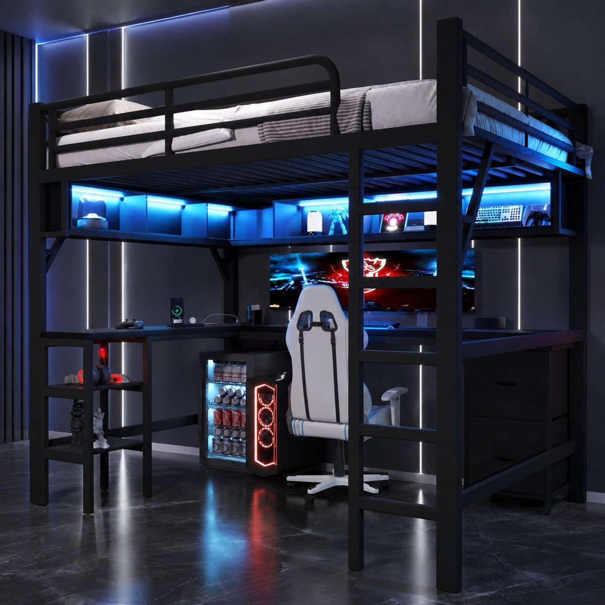 WUVRIE Metalen hoogslaper 140 x 200 cm met bureau, boekenkast, opbergruimte, USB en ledverlichting, zwart