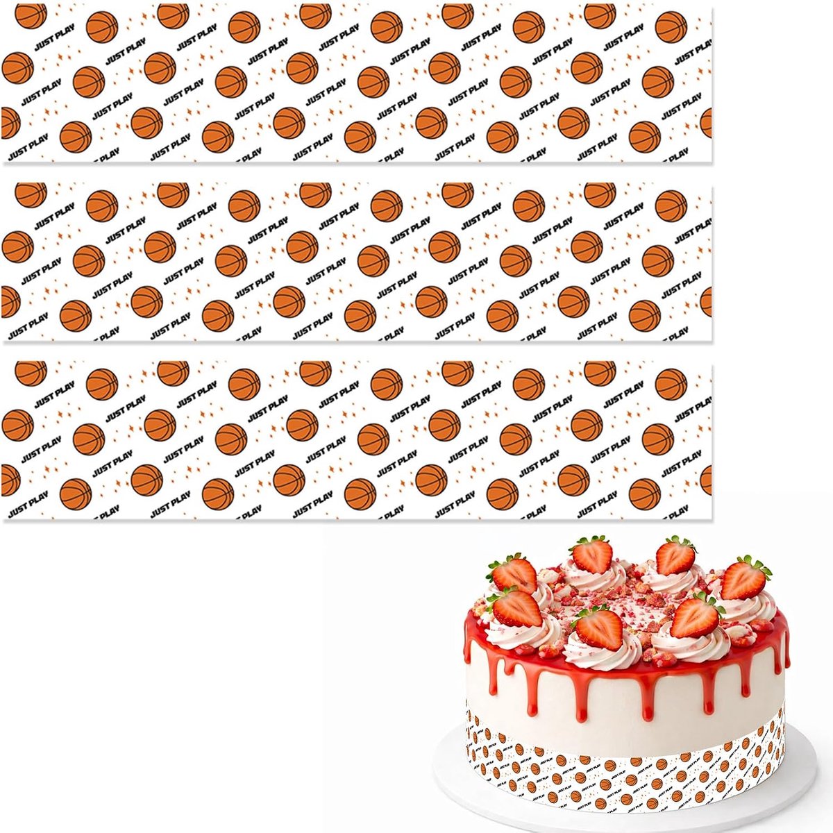 Eetbare Taartranden met Basketbalmotief, 28x6,2cm Voorgesneden Kleefrijstpapier Taartrandstroken met Basketbalprint voor Verjaardagsfeestdecoraties