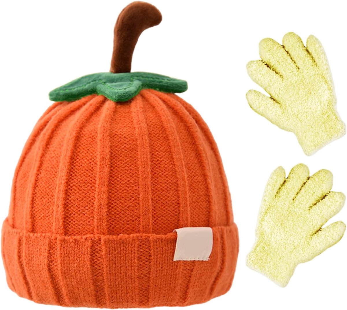 1 Schattige Pompoenhoed Voor Kinderen, 1 Paar Vingerhandschoenen Voor Kinderen, Warme Gebreide Hoed, Winddichte Handschoenen Van Koraalfleece, Koudebestendige Accessoires Voor Buitengebruik.