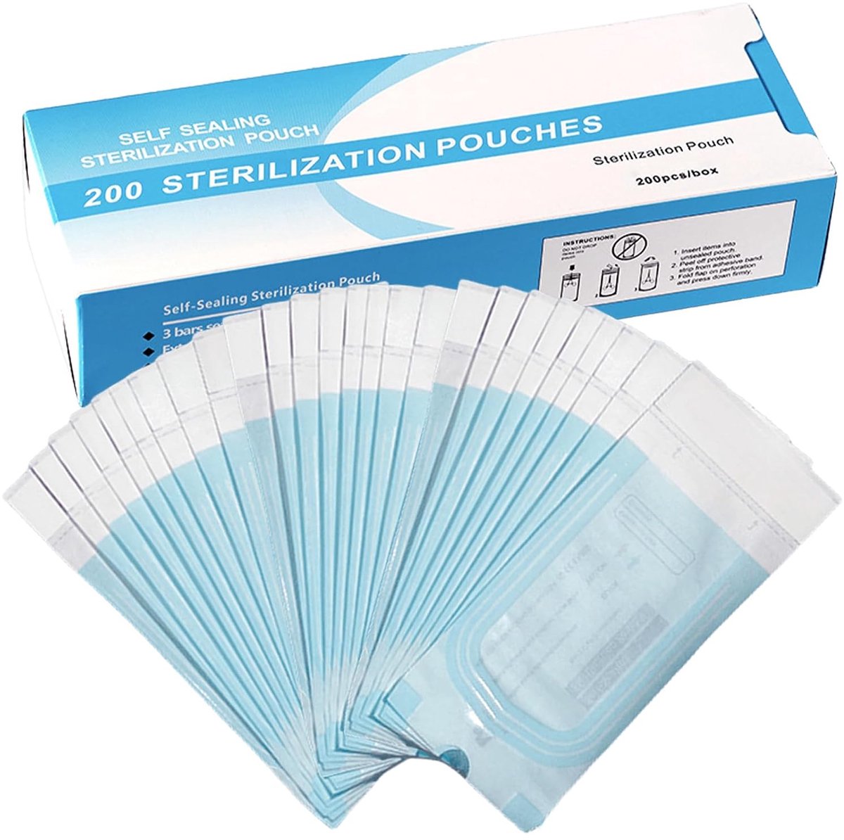 Sterilisatiezakken, 200 stuks, autoclaaf-sluiting, sterilisatiezakken, wegwerp, zelfklevend, voor tandgereedschap, tatoeages of manicure (135 x 260 mm)
